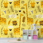 Cheerful Yellow Giraffe Doodle Kids Premium Wallpaper
